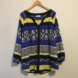 Calvin Klein Modern Colourblock Print Sheer Button Down Tunic Blouse 2X